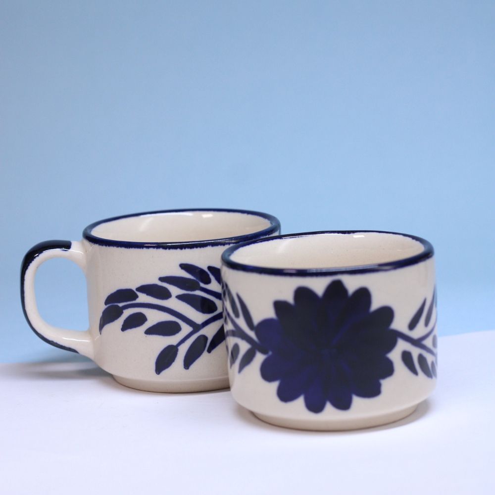 Handcrafted Ceramic Tea Cup Set of -2 Blue Floral Design