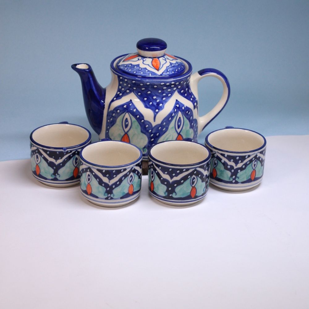 Handcrafted Blue Pottery Tea Set - Traditional Indian Ceramic Teapot with 4 Matching Cups