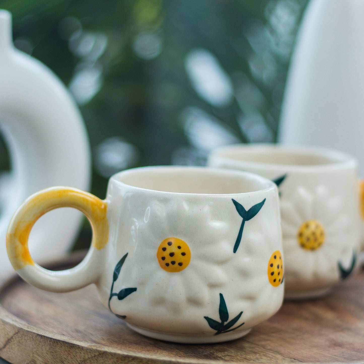 Handcrafted Ceramic Mugs with Daisy Design, Set of 2