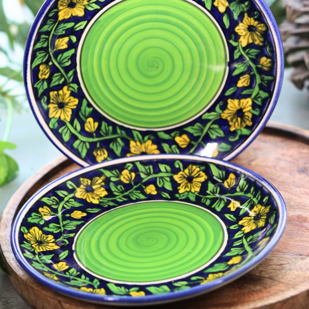 Handcrafted Floral Ceramic Plate Set Of 2 - Elegant Green and Blue Design