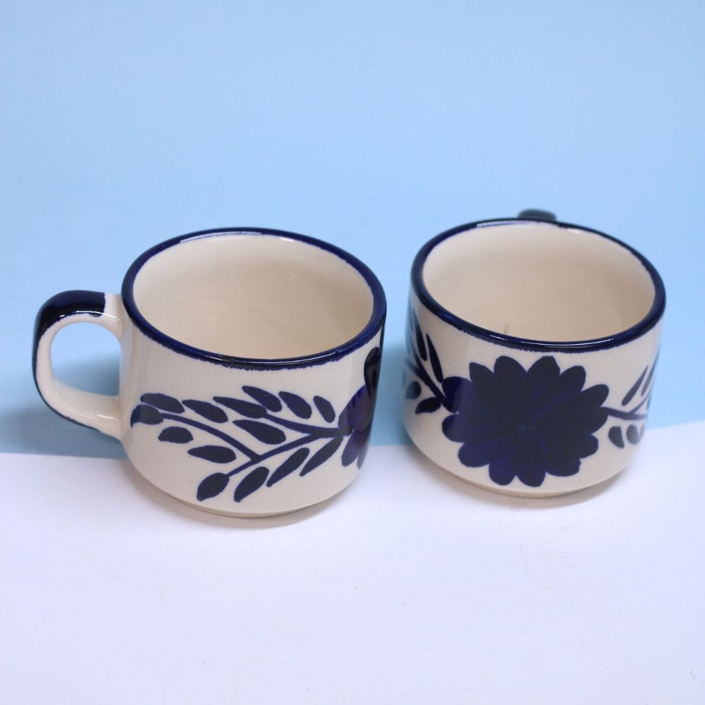 Handcrafted Ceramic Tea Cup Set of -2 Blue Floral Design