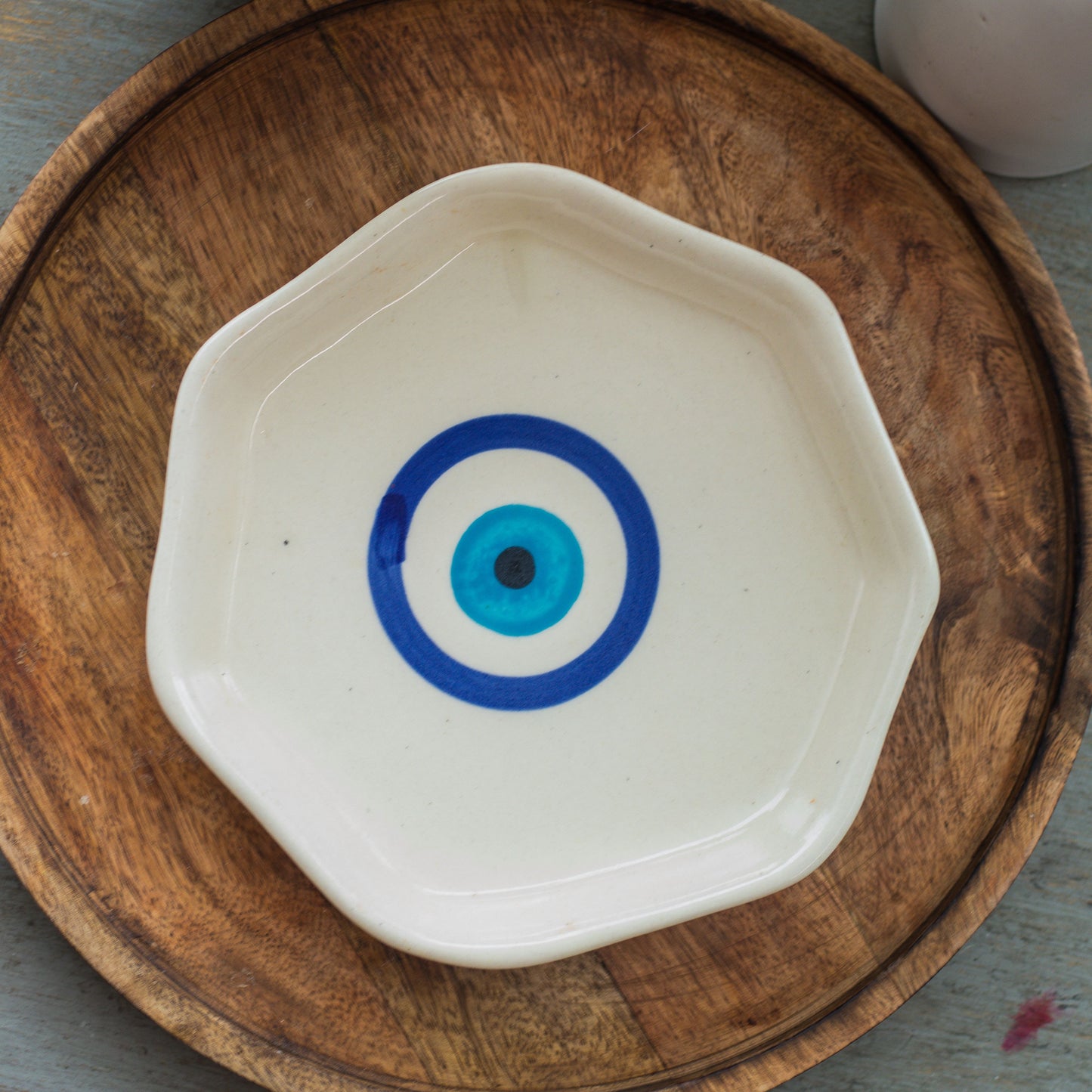 Handcrafted Ceramic Plate with Blue Circle Design