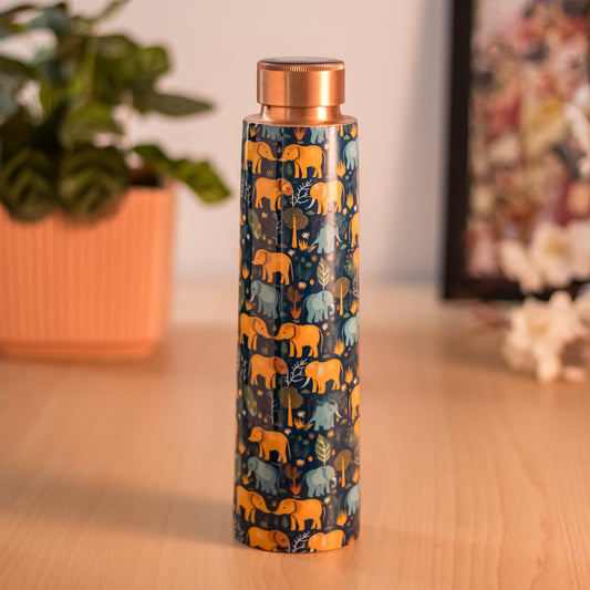 Elephant Print Copper Water Bottle - Eco-Friendly and Stylish