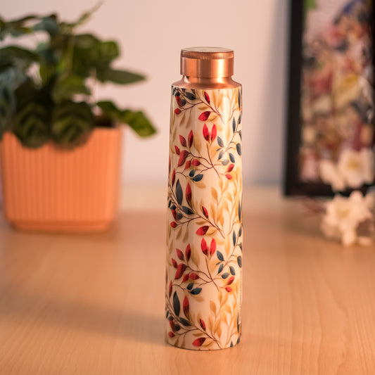 Handcrafted Copper Bottle – Vibrant Leaf Pattern Design