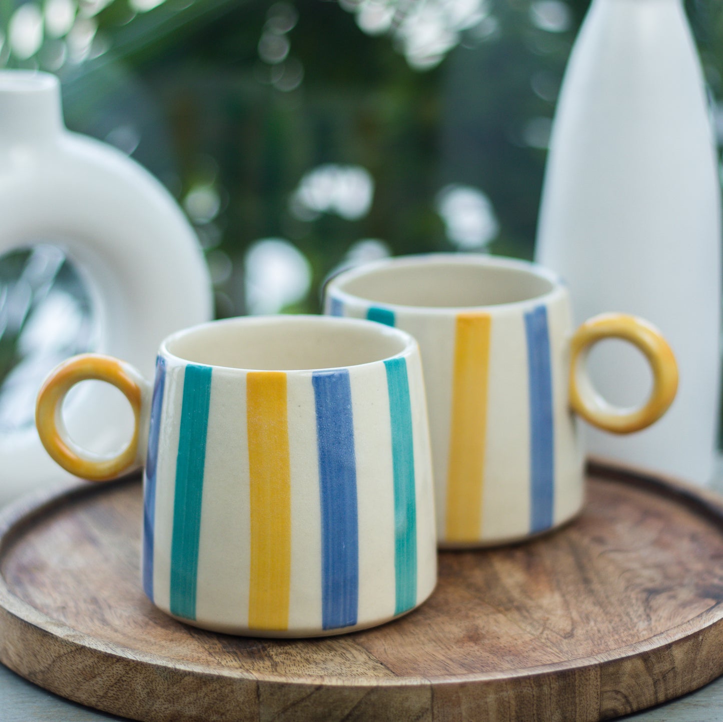 Handcrafted Ceramic Mugs with Colorful Stripes, Set of 2