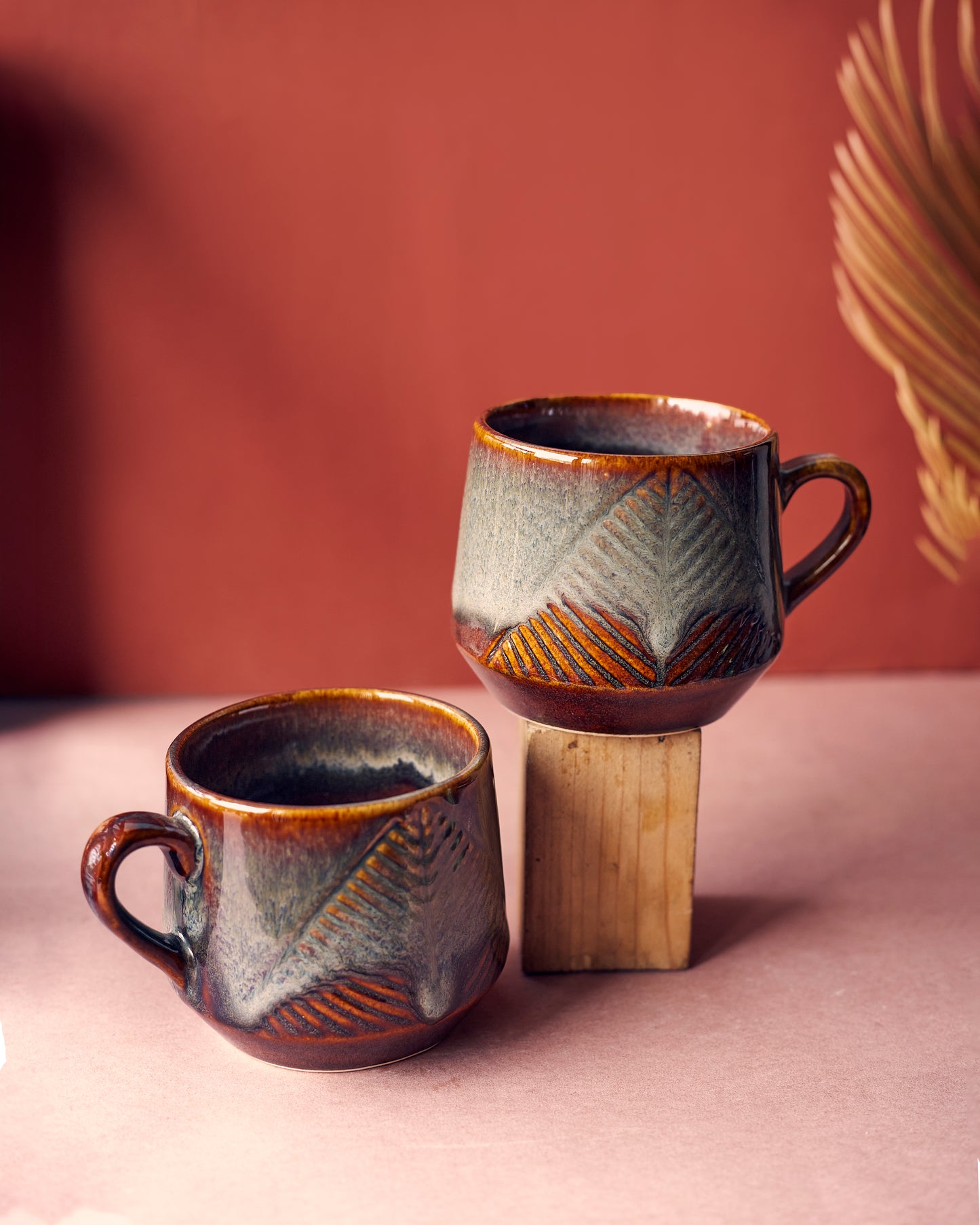 Earthy Elegance: Hand-Painted Leaf Brown Tea Cups(Set of 2)