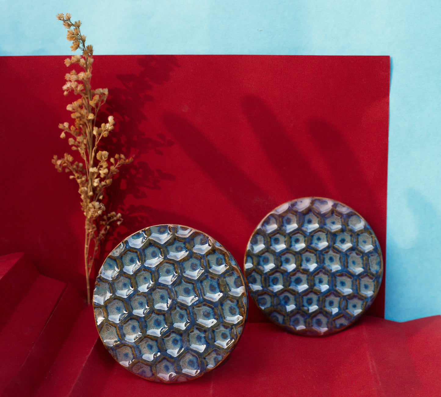 Azure Hexagons: Ceramic Blue Honeycomb Coaster (Set of 2)