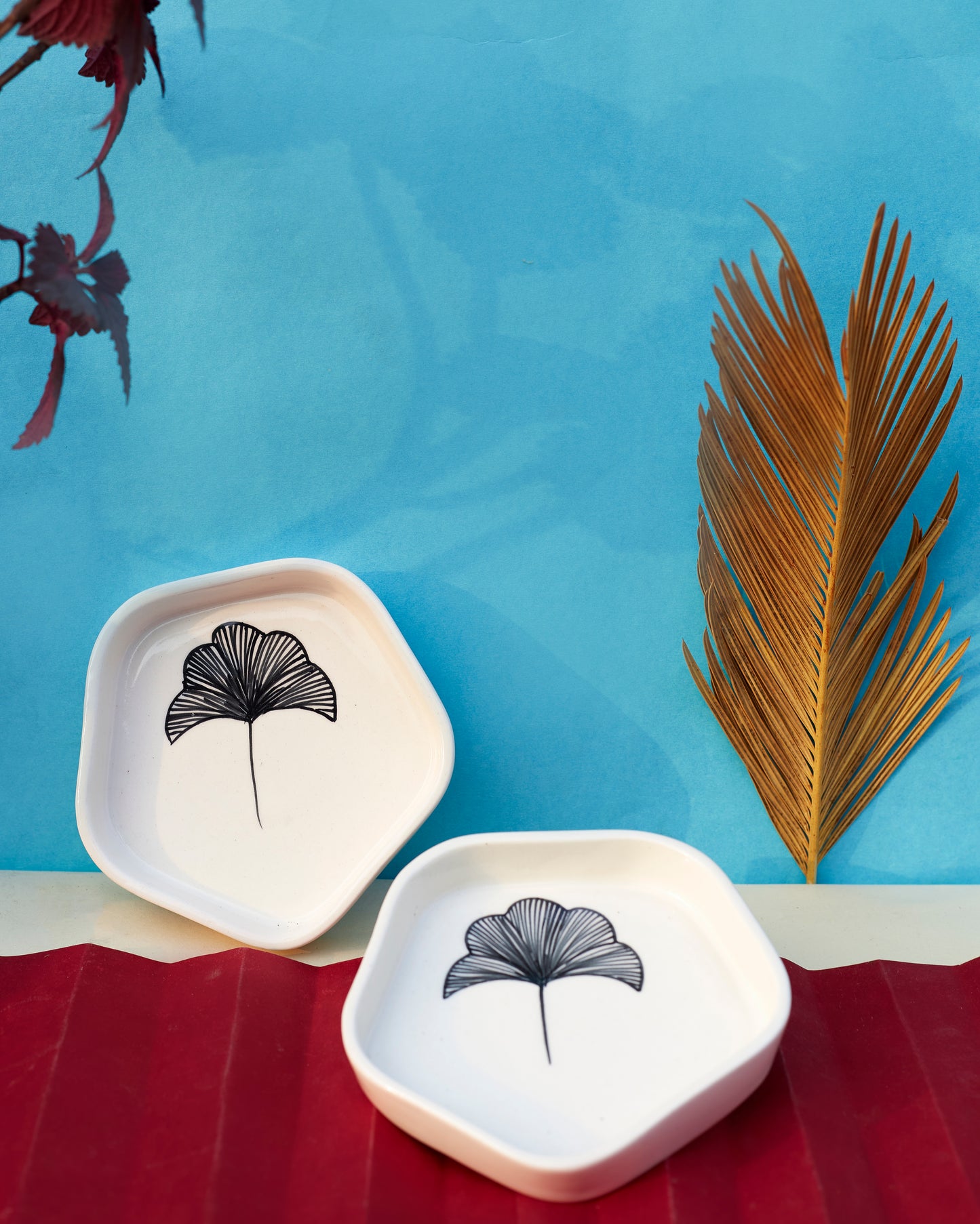 Elegance in Ebony: Set of 2 Ceramic Black Leaf-Painted Small Plates