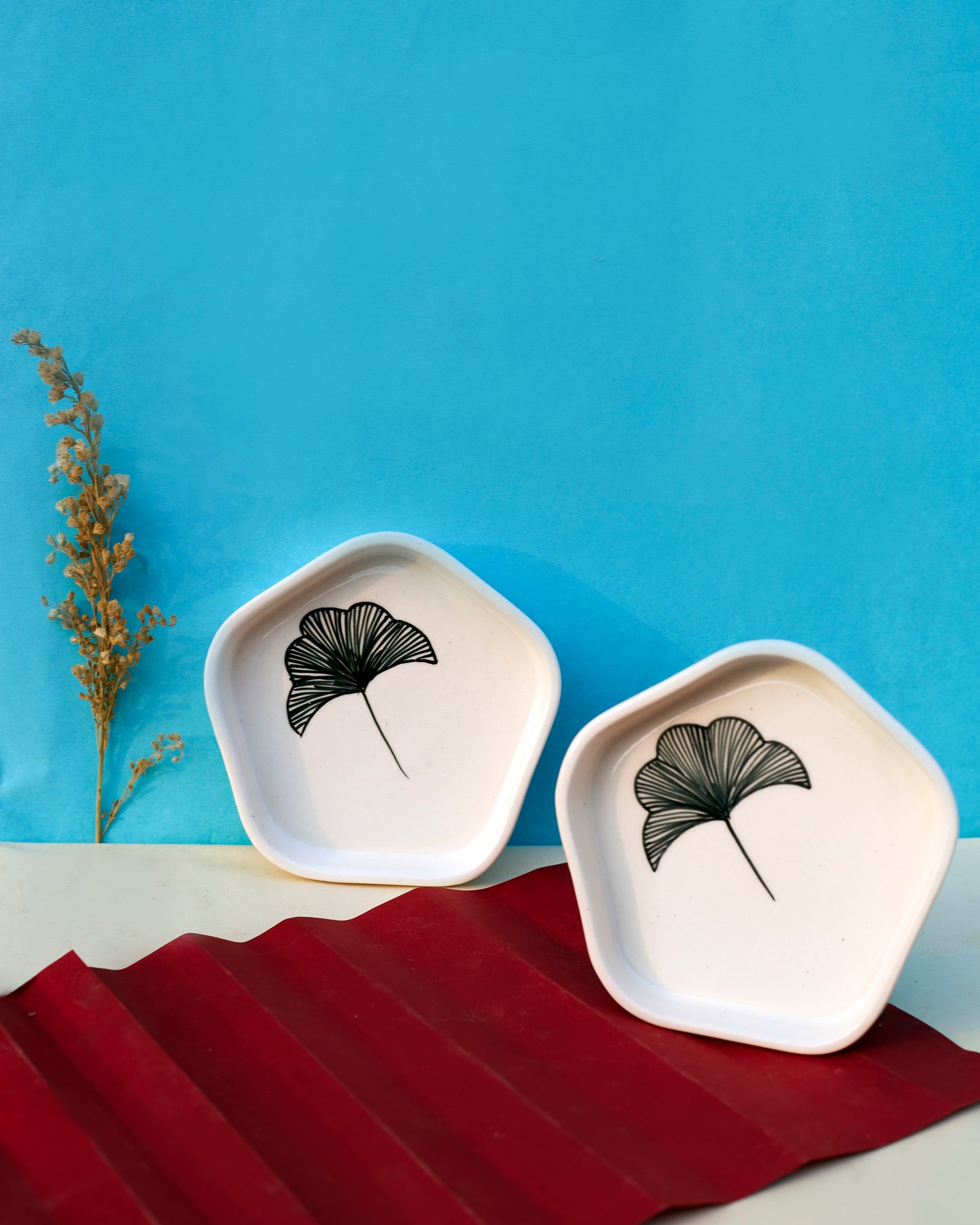 Elegance in Ebony: Set of 2 Ceramic Black Leaf-Painted Small Plates