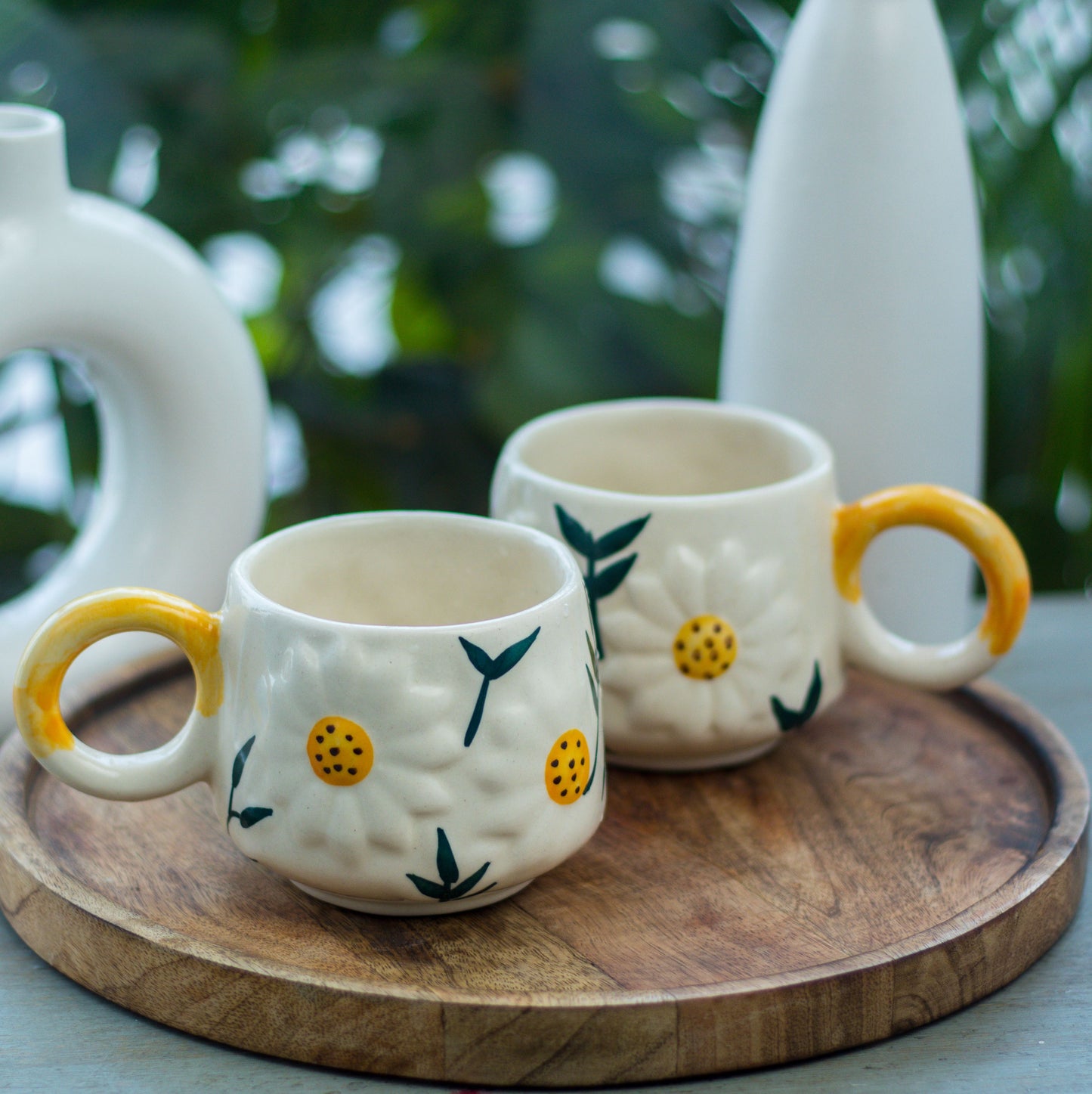 Handcrafted Ceramic Mugs with Daisy Design, Set of 2