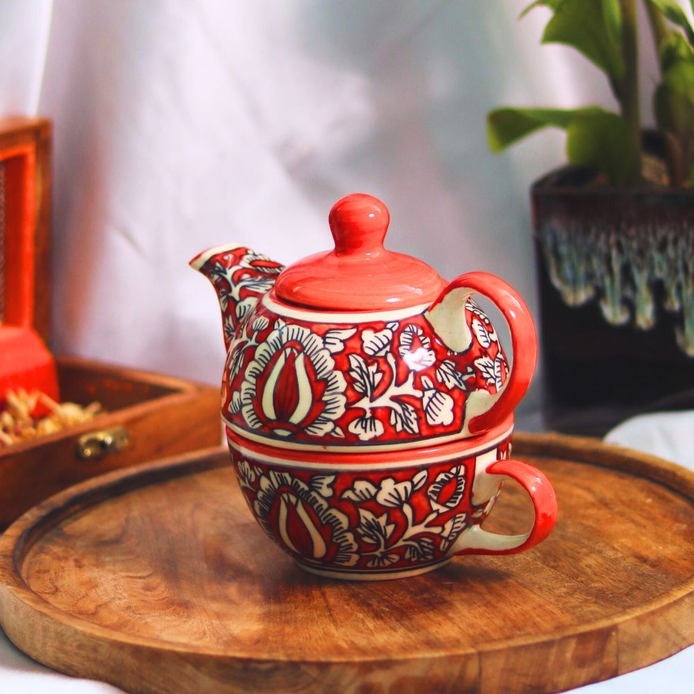 Handcrafted Ceramic Floral Teapot Set - Red and White