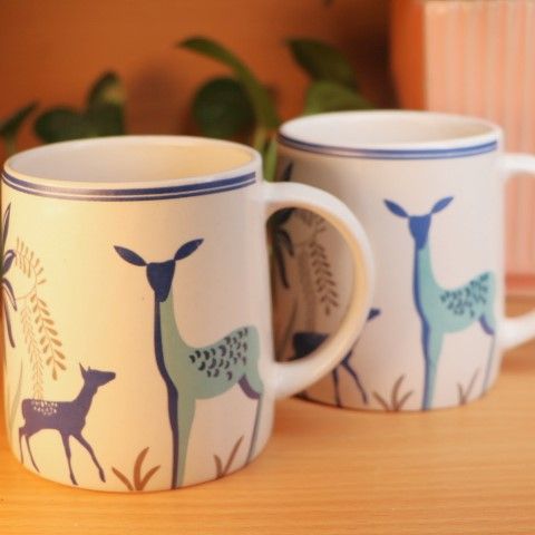 Handcrafted Ceramic Coffee Mug Set of 2 with Deer Design