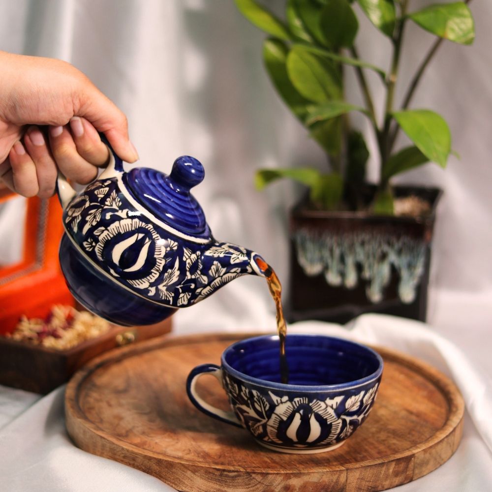 Handcrafted Ceramic Floral Teapot Set - Blue and White