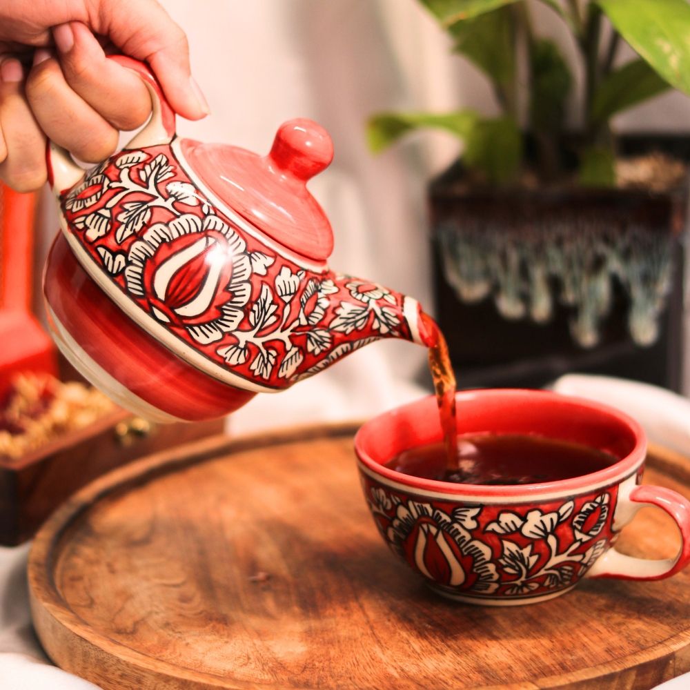 Handcrafted Ceramic Floral Teapot Set - Red and White