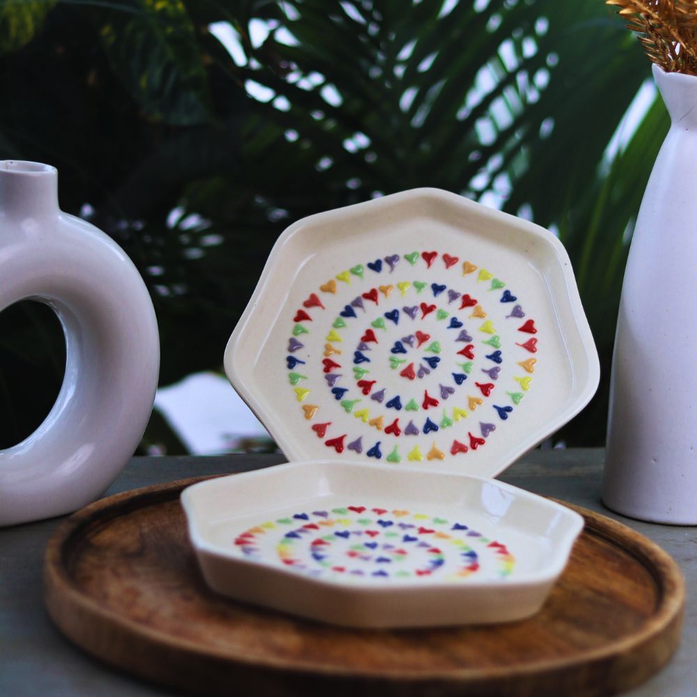 Handcrafted Ceramic Plates Set of 2 with Colorful Heart Pattern