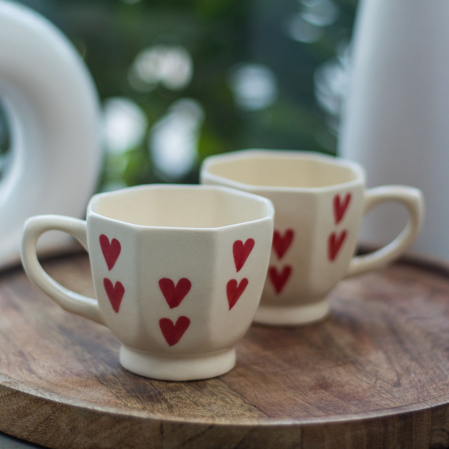 Handcrafted Octagon Ceramic Mugs with Red Hearts, Set of 2