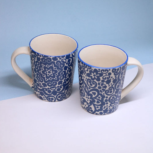 Handcrafted Ceramic Coffee Mugs Set of -2 Blue Floral Pattern