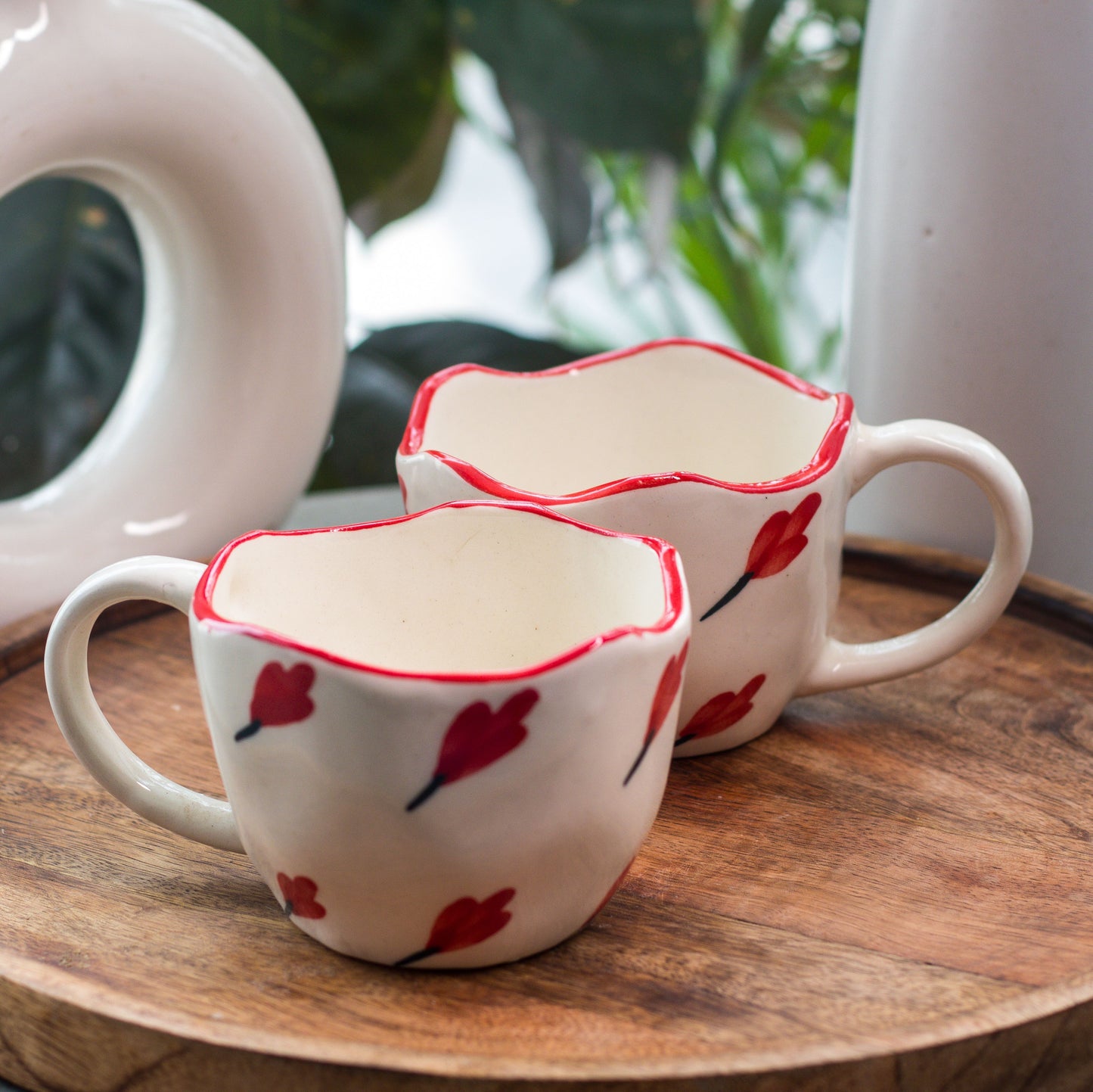 Handcrafted Ceramic Mugs with Red Tulip Design, Set of 2