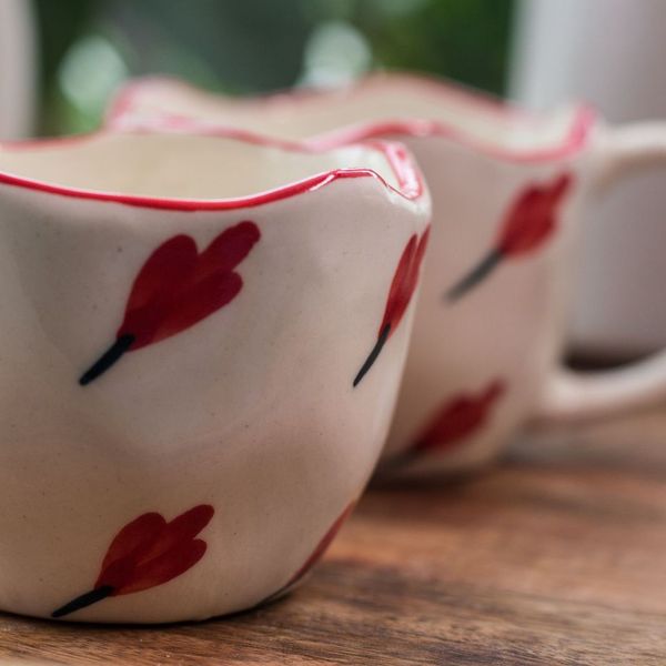 Handcrafted Ceramic Mugs with Red Tulip Design, Set of 2