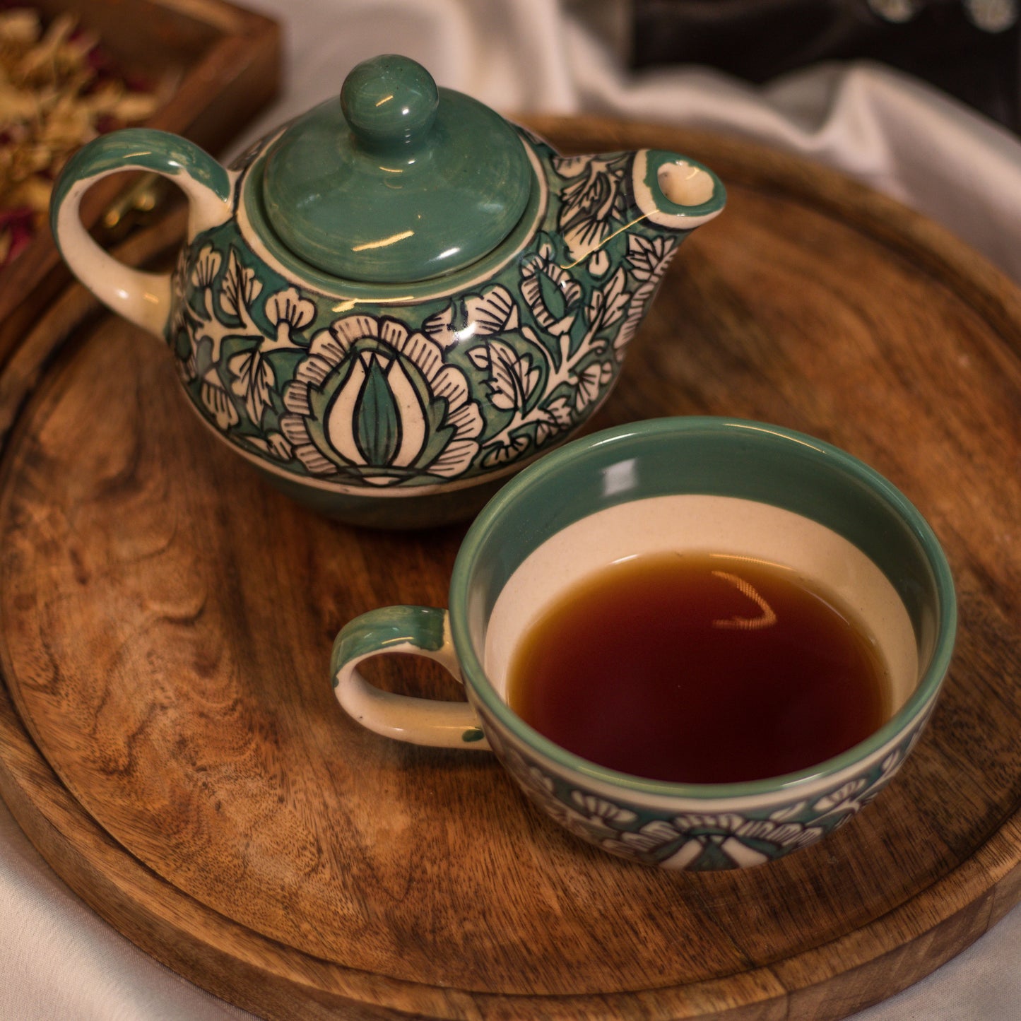 Handcrafted Ceramic Floral Teapot Set - Green and White