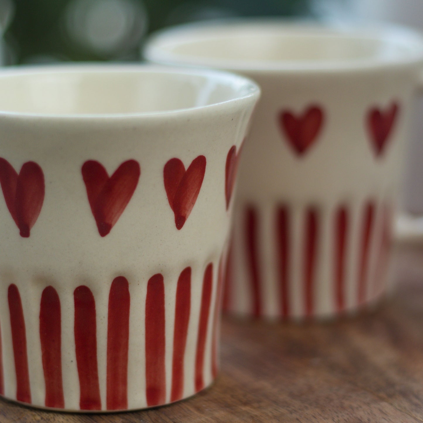 Handcrafted Ceramic Mugs with Red Heart Design, Set of 2