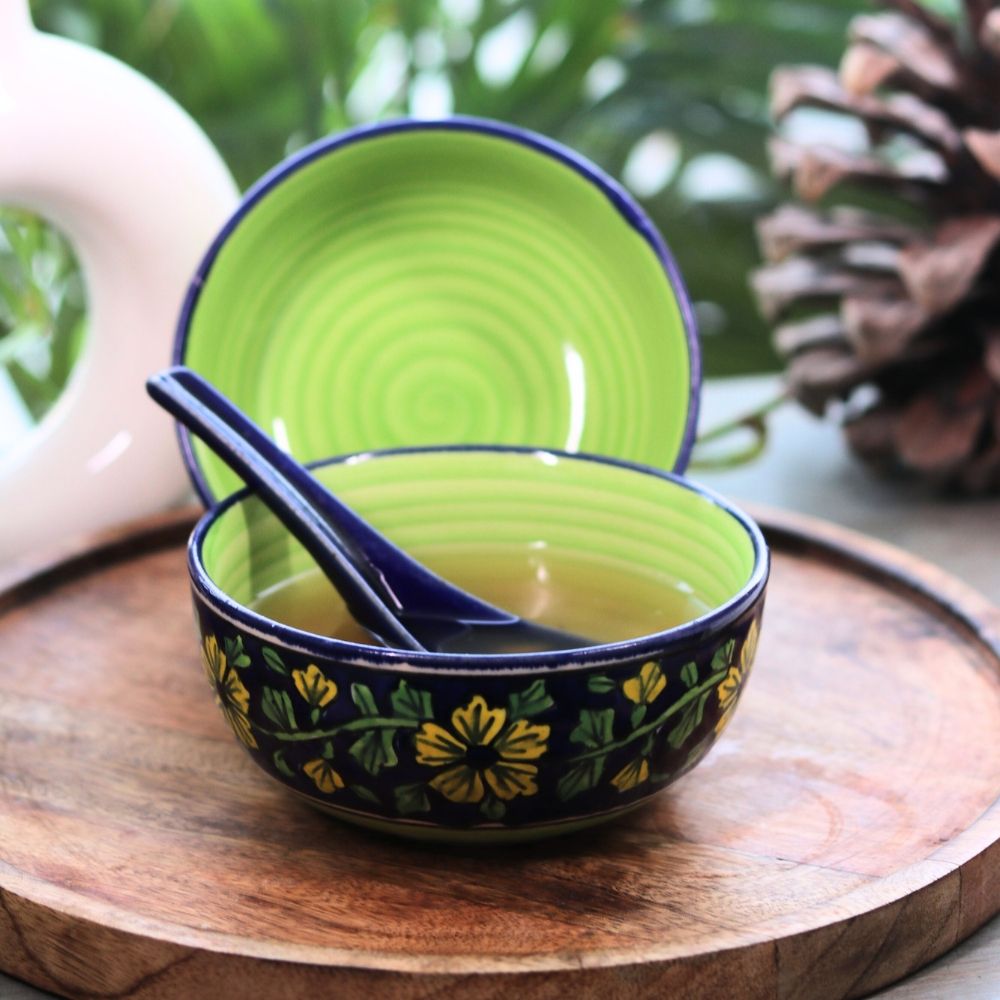 Handcrafted Floral Ceramic Bowl and Spoon Set of 2