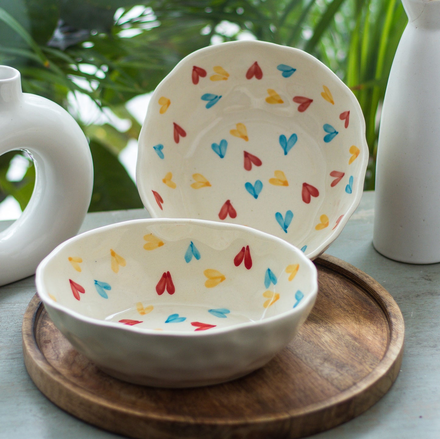 Handcrafted Ceramic Bowl with Colorful Heart Design Set of 2