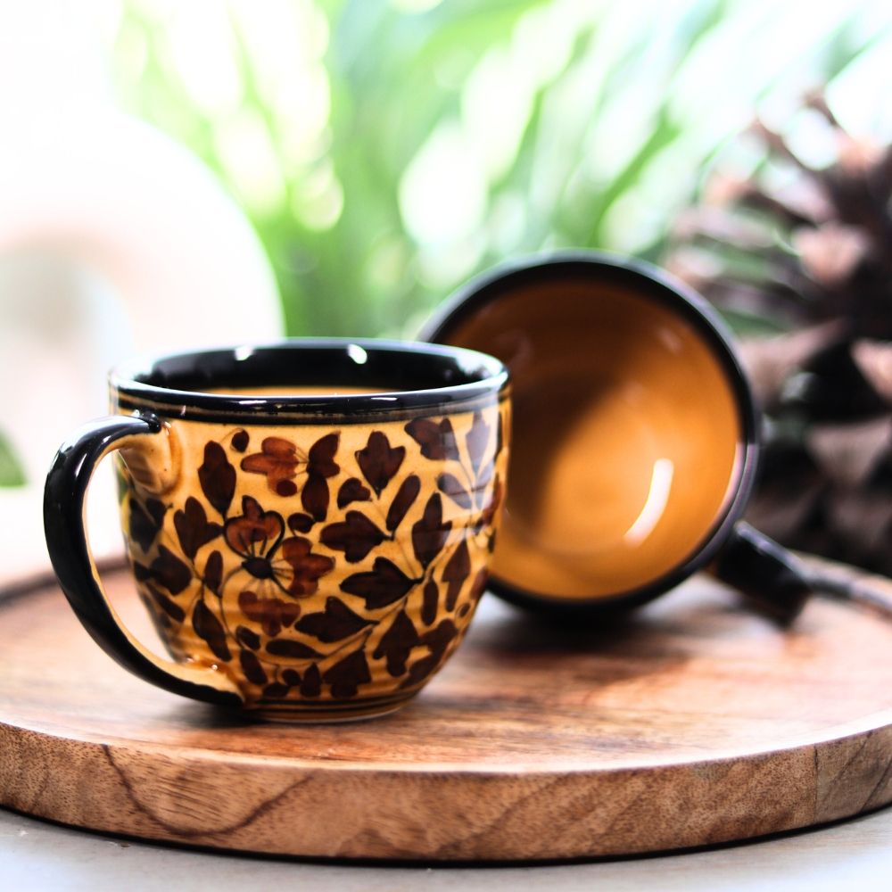 Handcrafted Floral Ceramic Mug set of 2 - Earthy Tones