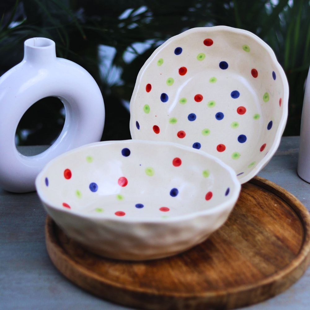 Handcrafted Ceramic Bowls Set of 2 with Colorful Polka Dots