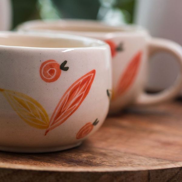 Handcrafted Ceramic cups with Orange Flower Design