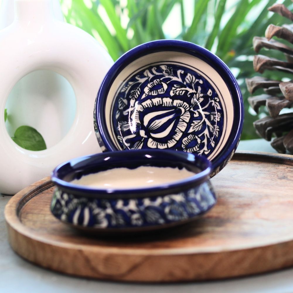 Handcrafted Blue and White Floral Ceramic Bowl Set of 2