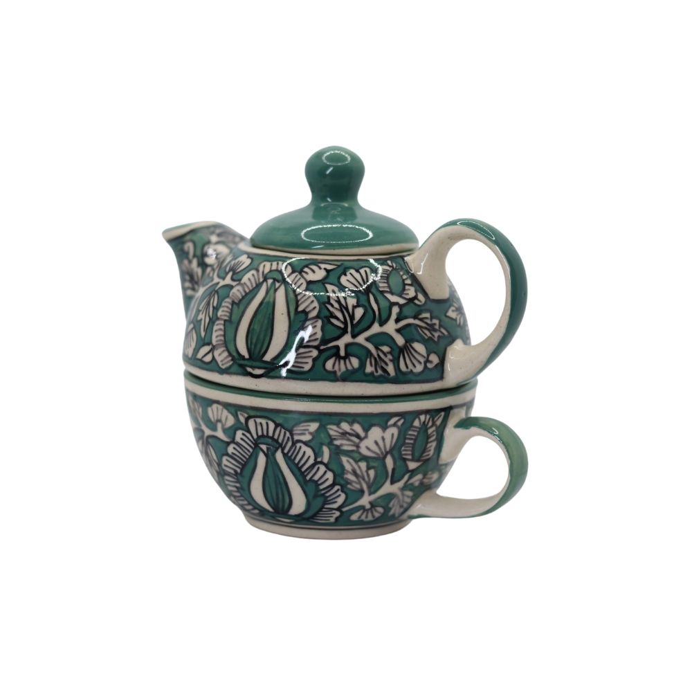 Handcrafted Ceramic Floral Teapot Set - Green and White