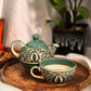 Handcrafted Ceramic Floral Teapot Set - Green and White