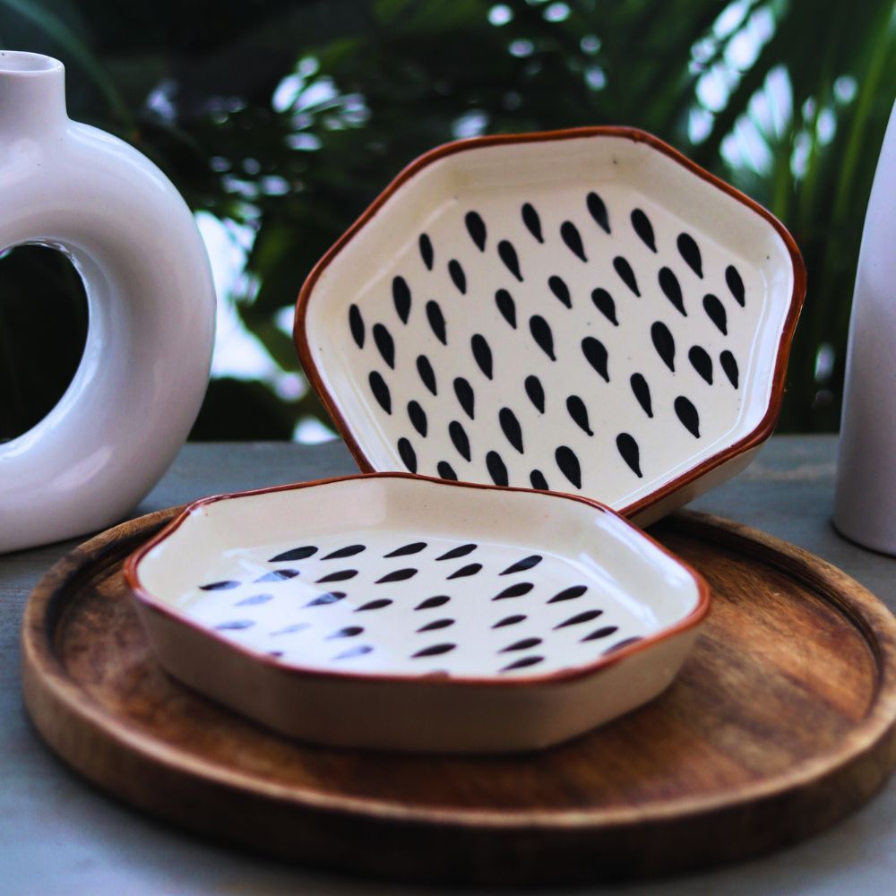 Handcrafted Ceramic Plates Set of 2 with Black Teardrop Pattern