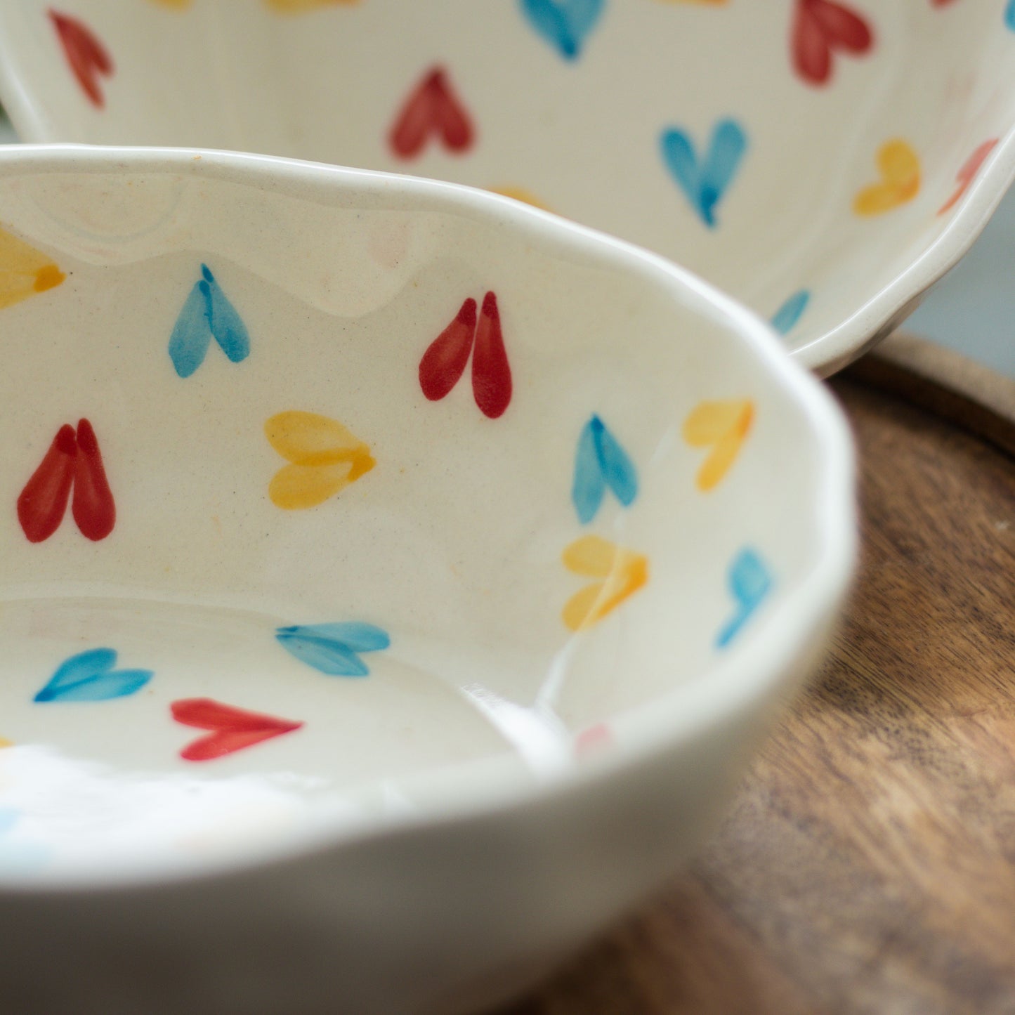 Handcrafted Ceramic Bowl with Colorful Heart Design Set of 2