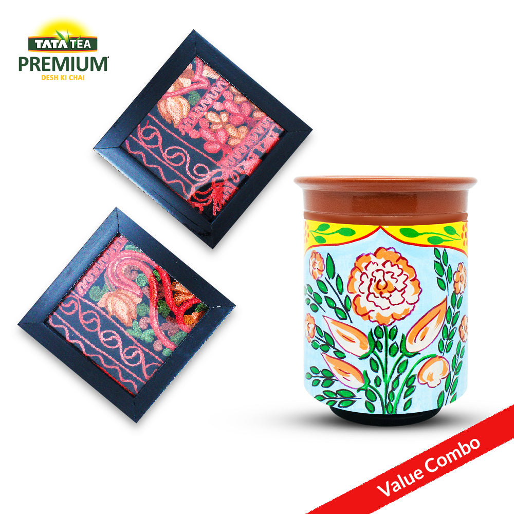 Jammu & Kashmir Printed Terracotta Kulhad with Coaster Set