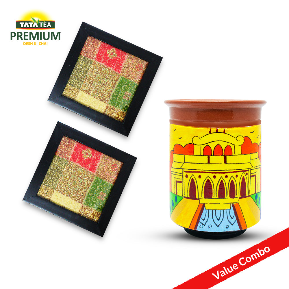Haryana Printed Terracotta Kulhad with Coaster Set
