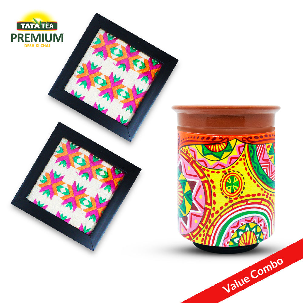 Punjab Printed Terracotta Kulhad with Coaster Set