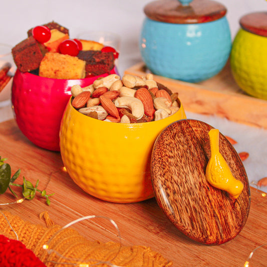 Bird Wooden Lid Nut Bowls [Yellow & Pink] Set of 2