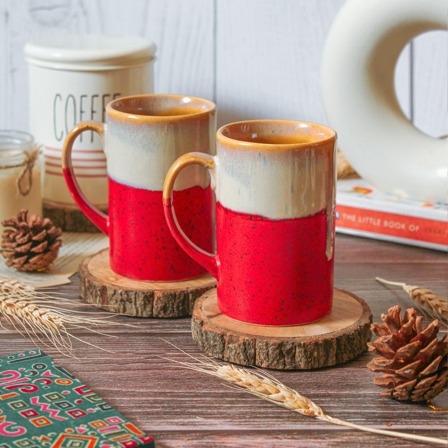 Red Waves Milk Ceramic Mug (Set of Two)