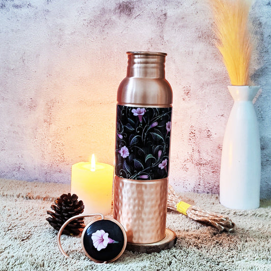 'Paani Pina Sehat Ke Liye Accha Hota Hai' Black Flowers Printed Copper Bottle